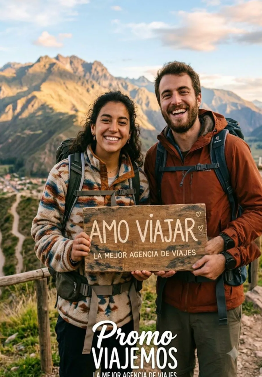 Pareja viajera en un paisaje de montaña de Argentina